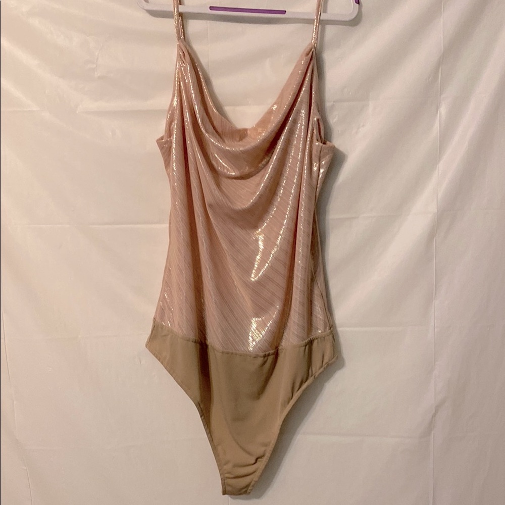 Dress Forum Los Angeles gold Metallic threads on Pink/peach bodysuit.